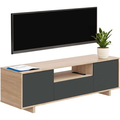 Meuble TV ZAIRA - M&eacute;lamin&eacute; Anthracite et ch&ecirc;ne - 3 Portes - L150 x P41 x H46 cm