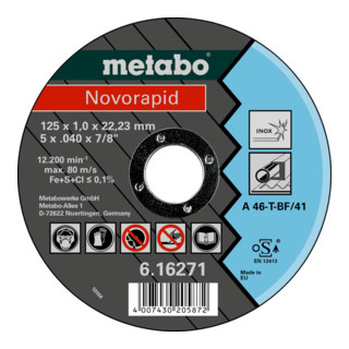 METABO Meules de tron&ccedil;onnage Novorapid 125x1,0x22,23 Inox