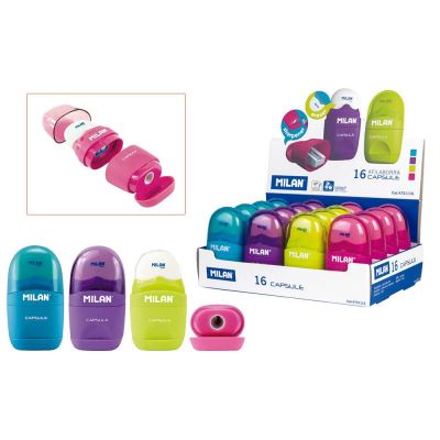MILAN  Display Box 16 Erasers With Pencil Sharpener Capsule Clair