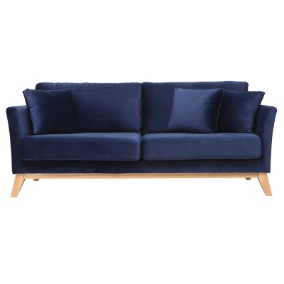 MILIBOO  Canap&eacute; scandinave 3 places velours bleu nuit pieds bois OSLO