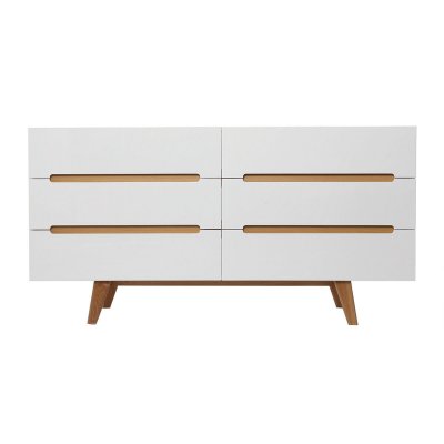 Miliboo - Commode scandinave blanc brillant et fr&ecirc;ne 6 tiroirs MELKA 