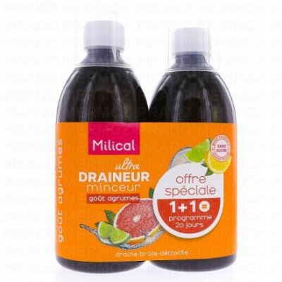 MILICAL NUTRITION Milical Draineur ultra go&ucirc;t agrumes lot de 2 bouteilles de 500ml