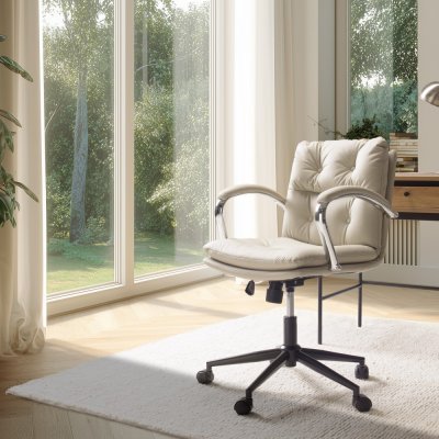 Mina - chaise de bureau &agrave; roulettes cuir matelass&eacute; beige dossier carr&eacute;