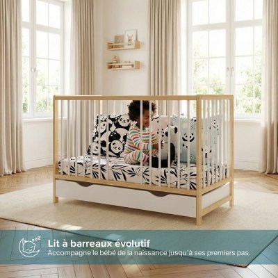 MINEA  Lit b&eacute;b&eacute; &eacute;volutif avec tiroir Mathis 60x120 cm (Matelas non Inclus)