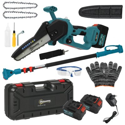 OUTSUNNY Mini tron&ccedil;onneuse sans fil 580w - scie d'&eacute;lagage &eacute;lectrique portable 18v 8 pouces - kit complet bleu 