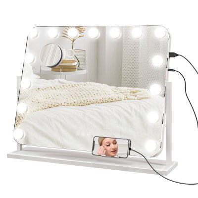 HOMCOM Miroir Maquillage Hollywood Led R&eacute;glable Grossissant Rotatif Usb Blanc