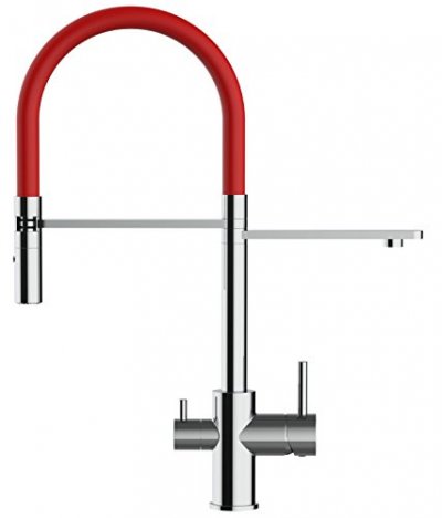 VIZIO Mitigeur de cuisine 3 voies chrom&eacute; robinet bec rouge orientable et douchette 2 jets d&eacute;tachable 
