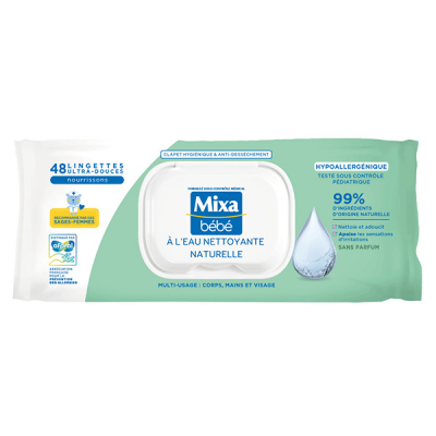MIXA  Lingettes B&eacute;b&eacute; Nettoyantes &agrave; L'eau Naturelle x48 