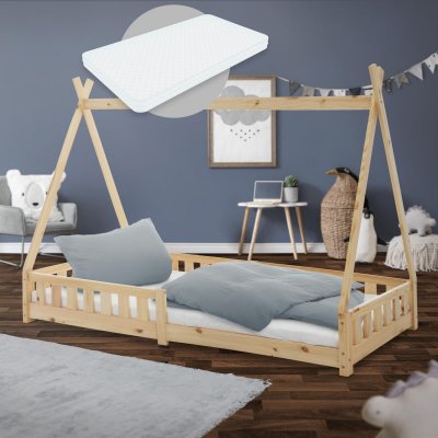 NON RENSEIGNE ML-Design Lit Enfant Tipi 90x200 cm Naturel avec Matelas &agrave; Mousse Froide, H:16cm, Housse