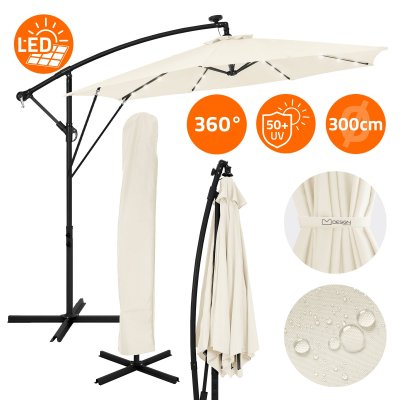 ML DESIGN ML-Design Parasol D&eacute;port&eacute; avec LED Solaire &Oslash; 300 cm Beige en Aluminium &agrave; Manivelle,