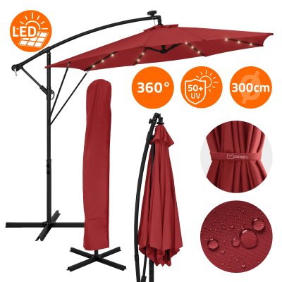 ML DESIGN ML-Design Parasol D&eacute;port&eacute; avec LED Solaire &Oslash; 300 cm Rouge en Aluminium &agrave; Manivelle,