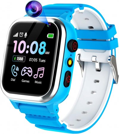 VENDOS85 Montre connect&eacute;e enfant 26 jeux &eacute;ducatifs, smartwatch t&eacute;l&eacute;phone bleu clair