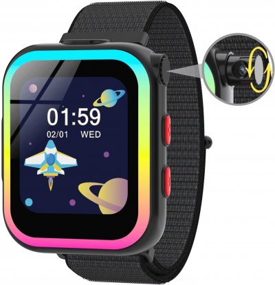 VENDOS85 Montre connect&eacute;e enfant cam&eacute;ra rotative avec podom&egrave;tre/12 jeux/musique/livre de contes noir