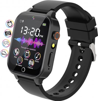VENDOS85 Montre connect&eacute;e enfant fille gar&ccedil;on avec 26 jeux podom&egrave;tre noir