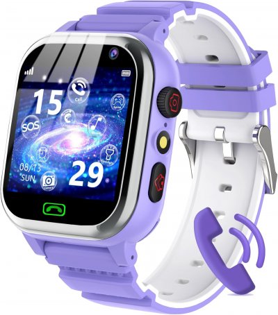VENDOS85 Montre connect&eacute;e enfant fille gar&ccedil;on avec t&eacute;l&eacute;phone sos pedometer jeux r&eacute;veil violet