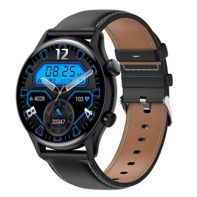 YONIS Montre Connect&eacute;e Sport Retina 1,36'' Cuir PU Cardio O2 Pression Sanguine Commande Vocale IP68 Noir