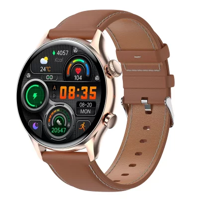 YONIS Montre Connect&eacute;e Sport Retina 1,36'' Cuir PU Cardio O2 Pression Sanguine Commande Vocale IP68 Or