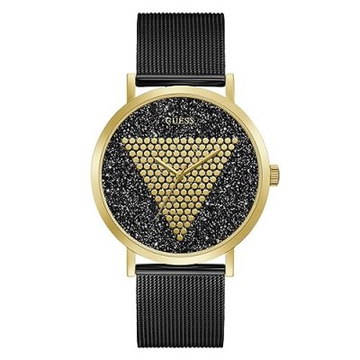 GUESS Montre Devinez homme noir Impression logo GW0049G2 de fond paillet&eacute; or maille milanaise de points