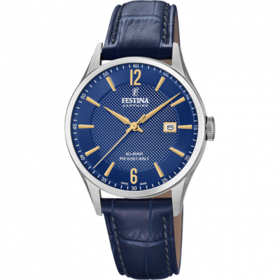 FESTINA SWISS MADE Montre  F20007/3 Bleu, Bracelet Cuir, Homme