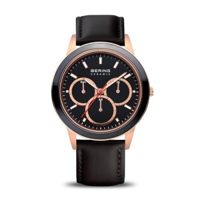 BERING Montre Homme  C&eacute;ramique - Boitier Acier Noir - Bracelet Cuir Noir - 33840-446