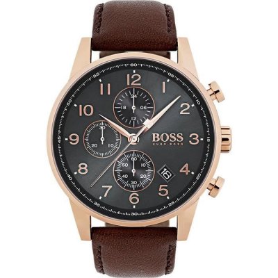 HUGO BOSS Montre  Navigator Chronom&egrave;tre 1513496 bracelet cuir marron