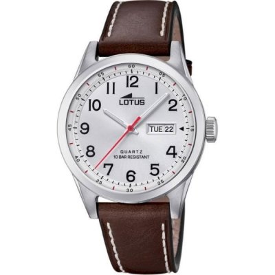 Montre Lotus L18671-1 - CLASSIQUE Dateur Bo&icirc;tier Acier Argent&eacute; Bracelet Cuir Marron Homme