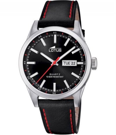 LOTUS Montre  L18671-4 - CLASSIQUE Dateur Bo&icirc;tier Acier Argent&eacute; Bracelet Cuir Noir Homme