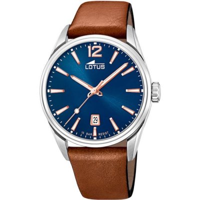 LOTUS Montre  L18693-2 - Dateur Bo&icirc;tier Acier Argent&eacute; Bracelet Cuir Marron Cadran Bleu Homme
