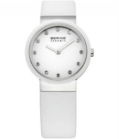 BERING Montre Pour Femme Lunette C&eacute;ramique Blanche Bracelet Cuir 
