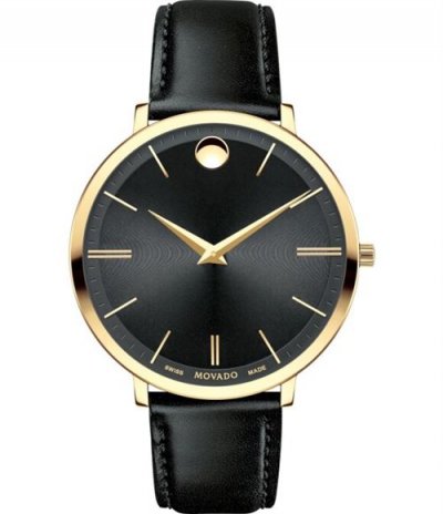  Movado Ultra Slim Femme 35mm Bracelet Cuir Noir Saphire Quartz Montre 0607091