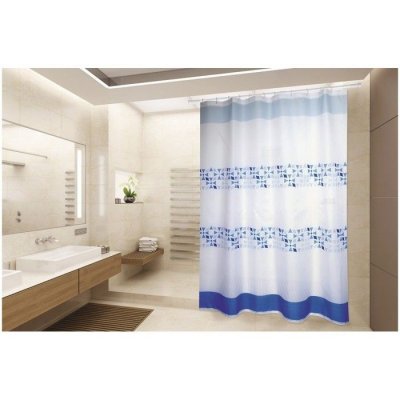 MSV  Rideau de douche Polyester PORTO 180x200cm QUALIT&Eacute; PREMIUM Bleu & Blanc - Anneaux inclus