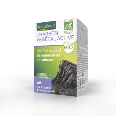 NATURLAND  Charbon V&eacute;g&eacute;tal Activ&eacute; Bio 60 G&eacute;lules - Pot 60 g&eacute;lules