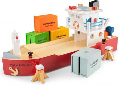 NEW CLASSIC TOYS  Bateau 4 Containers Jouet en Bois pour Enfant, 900, Multi Color