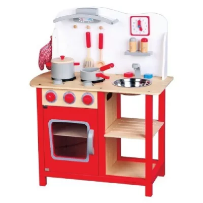 NEW CLASSIC TOYS  Cuisine enfant Bon App&eacute;tit bois rouge, accessoires