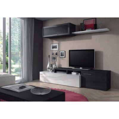 NEXUS  Ensemble salon contemporain m&eacute;lamin&eacute; blanc brillant et gris cendr&eacute; - L 200 cm