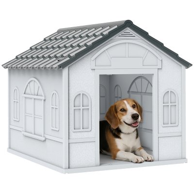 PAWHUT Niche chien style cottage dim. 65L x 75l x 63H cm - motifs fen&ecirc;tres, porte, a&eacute;ration - PP blanc gris
