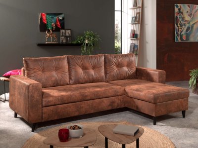 BESTMOBILIER NORDIC - Canap&eacute; d'angle r&eacute;versible - 4 places - Convertible - Industriel vintage - Marron