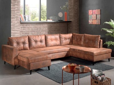 BESTMOBILIER NORDIC - Canap&eacute; panoramique en U - 7 places - Convertible - Industriel vintage - Droit- Marron