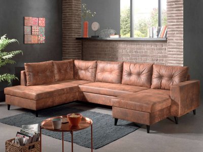 BESTMOBILIER NORDIC - Canap&eacute; panoramique en U - 7 places - Convertible - Industriel vintage - Gauche- Marron