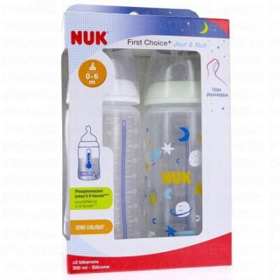 NUK  First Choice + Jour & Nuit 2 Biberons 300 ml 0-6 Mois - Bo&icirc;te 2 biberons de 300 ml