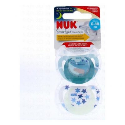 NUK  Starlight Jour/nuit - Sucettes 6-18 mois x2 crocodile bleu