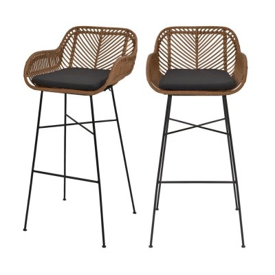 Nunuhai - Lot de 2 tabourets de bar en rotin H76cm - Bois fonc&eacute;