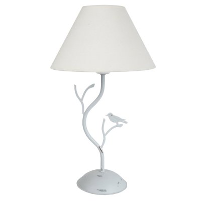 TOSEL Oiseaux - lampe de chevet arbre m&eacute;tal blanc et &eacute;cru