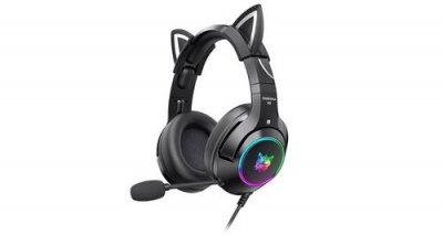 CHRONUS Onikuma casque de jeu rose avec oreilles de chat amovibles, pour ps5, ps4(noir)