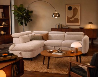  Opaline - Canap&eacute; d'angle gauche 5 places convertible avec t&ecirc;ti&egrave;res et coffre en tissu
