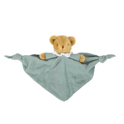 TROUSSELIER Ours triangle doudou avec hochet 20cm - coton bio celadon