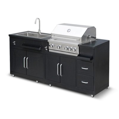 OVIALA  - Cuisine ext&eacute;rieure en m&eacute;tal avec &eacute;vier, barbecue et rangement