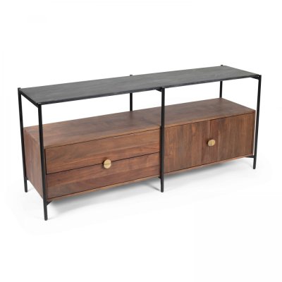 OVIALA  Meuble TV en marbre avec Rangement en Acacia Massif 152 cm