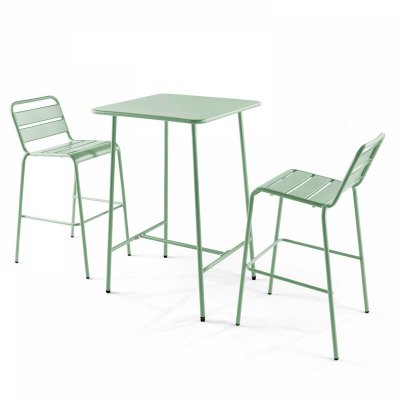 Oviala Palavas - Ensemble Table de Bar et 2 chaises Hautes en m&eacute;tal Vert Sauge