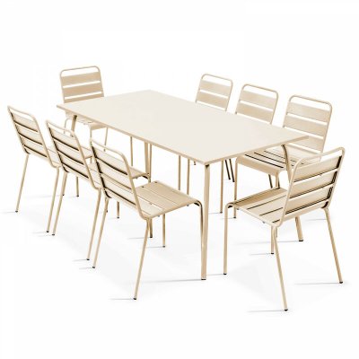 OVIALA  Palavas - Ensemble Table de Jardin et 8 chaises en m&eacute;tal Ivoire